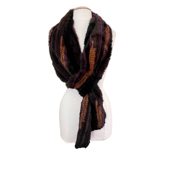 Belle Fare Salo Genuine Mink Fur Knit Pull Thru Scarf  Brown‎ Purple Gold 60" - Picture 1 of 10